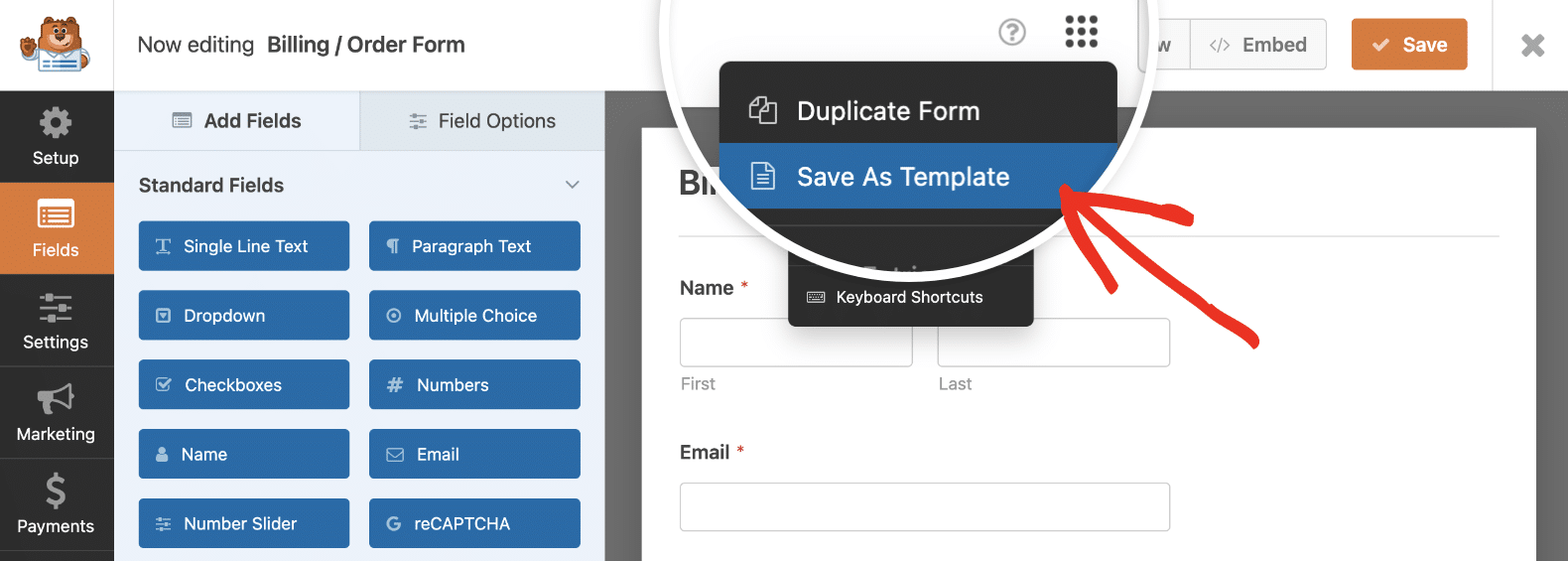 Saving a form as a template in WPForms