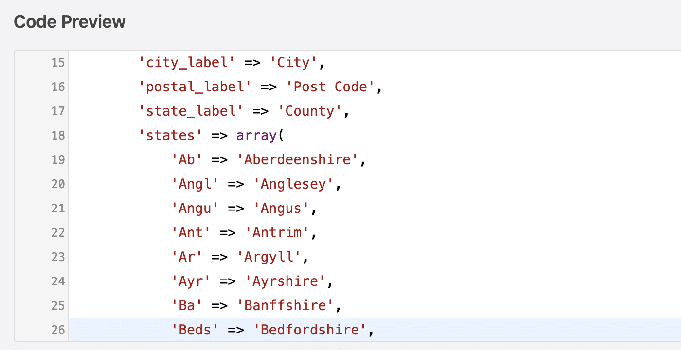 Adding UK counties to WPForms custom address field