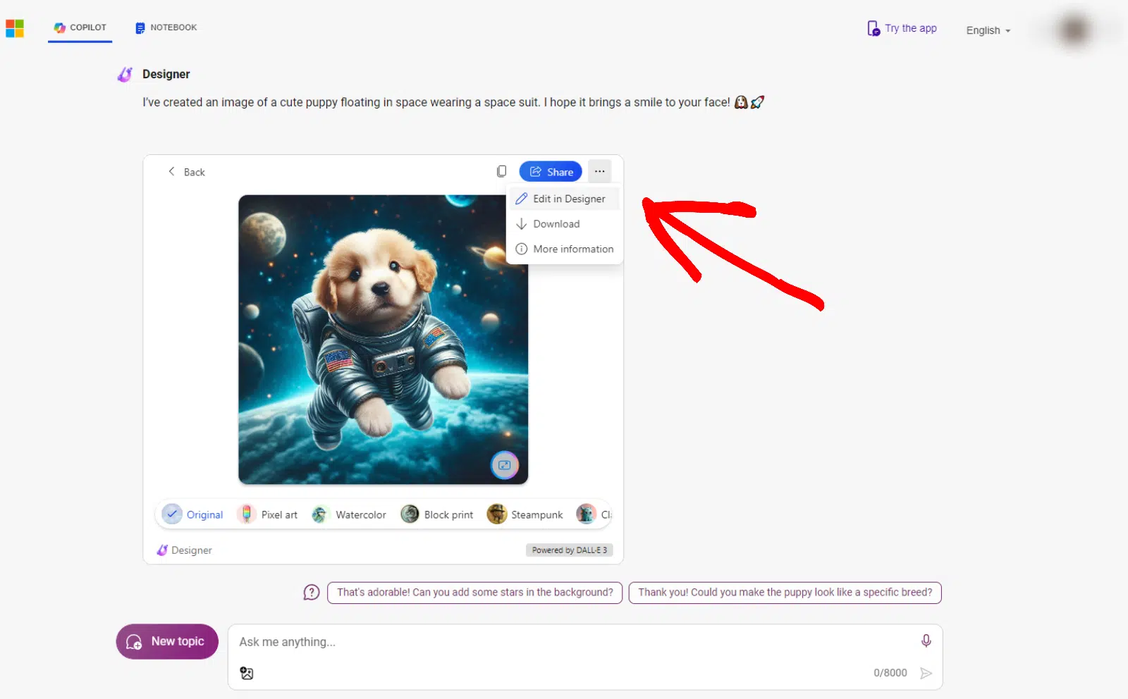 Copilot Microsoft designer switch texto para imagem IA