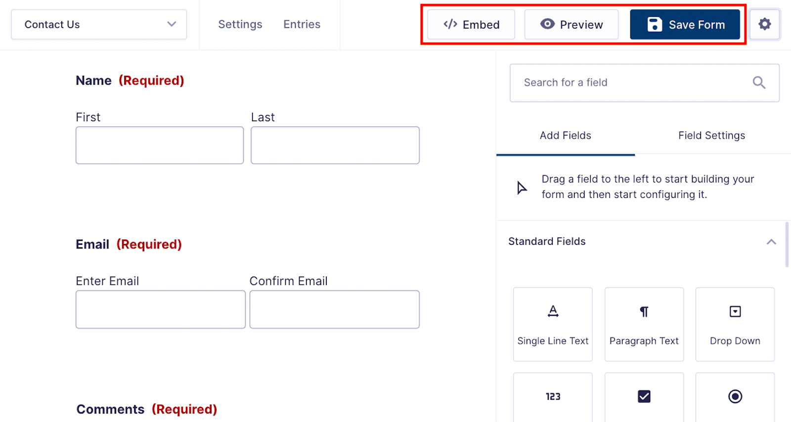 Choosing to embed, preview, or save a form in Gravity Forms