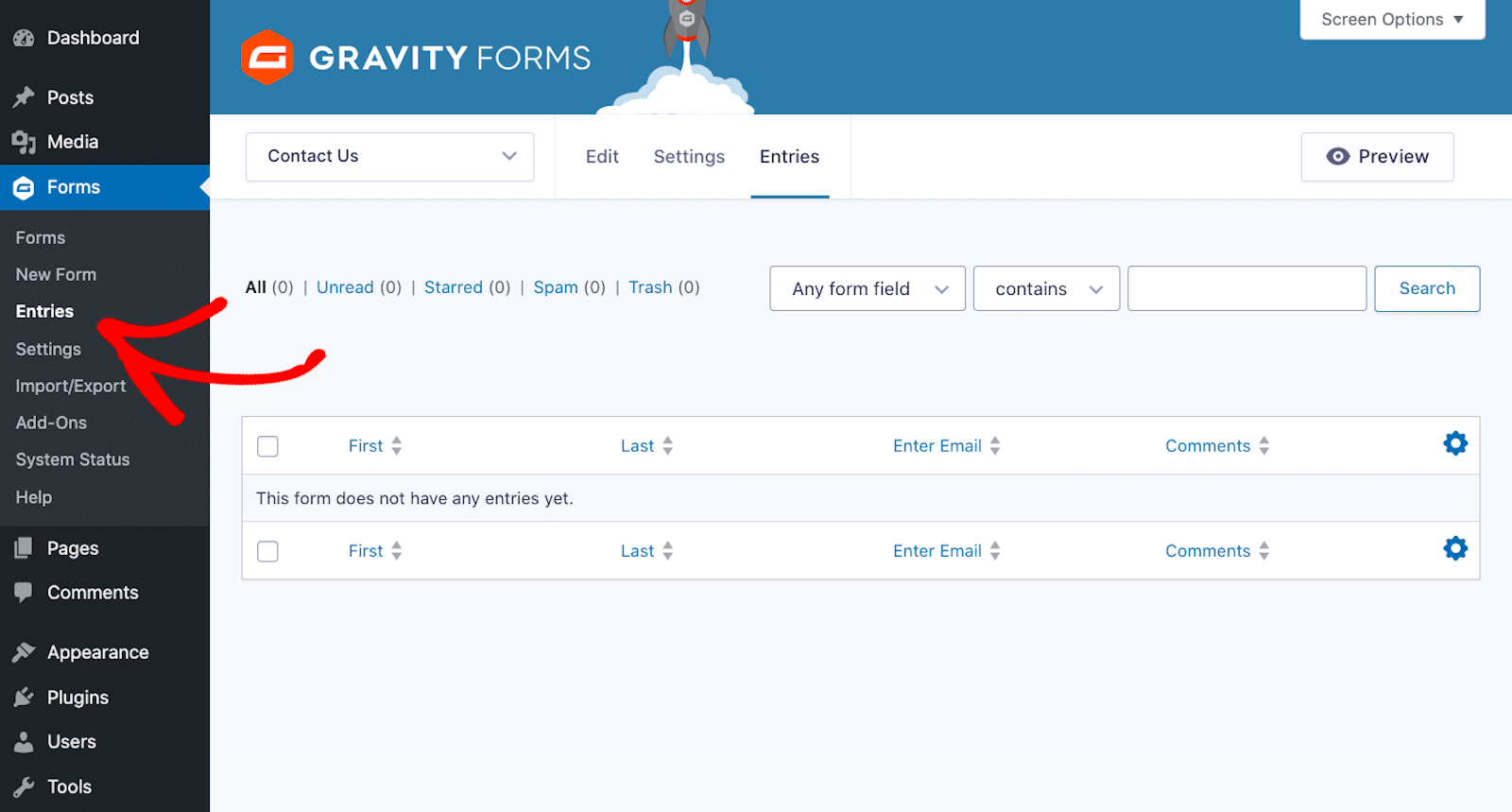 Viewing Gravity Forms entries from the dashboard