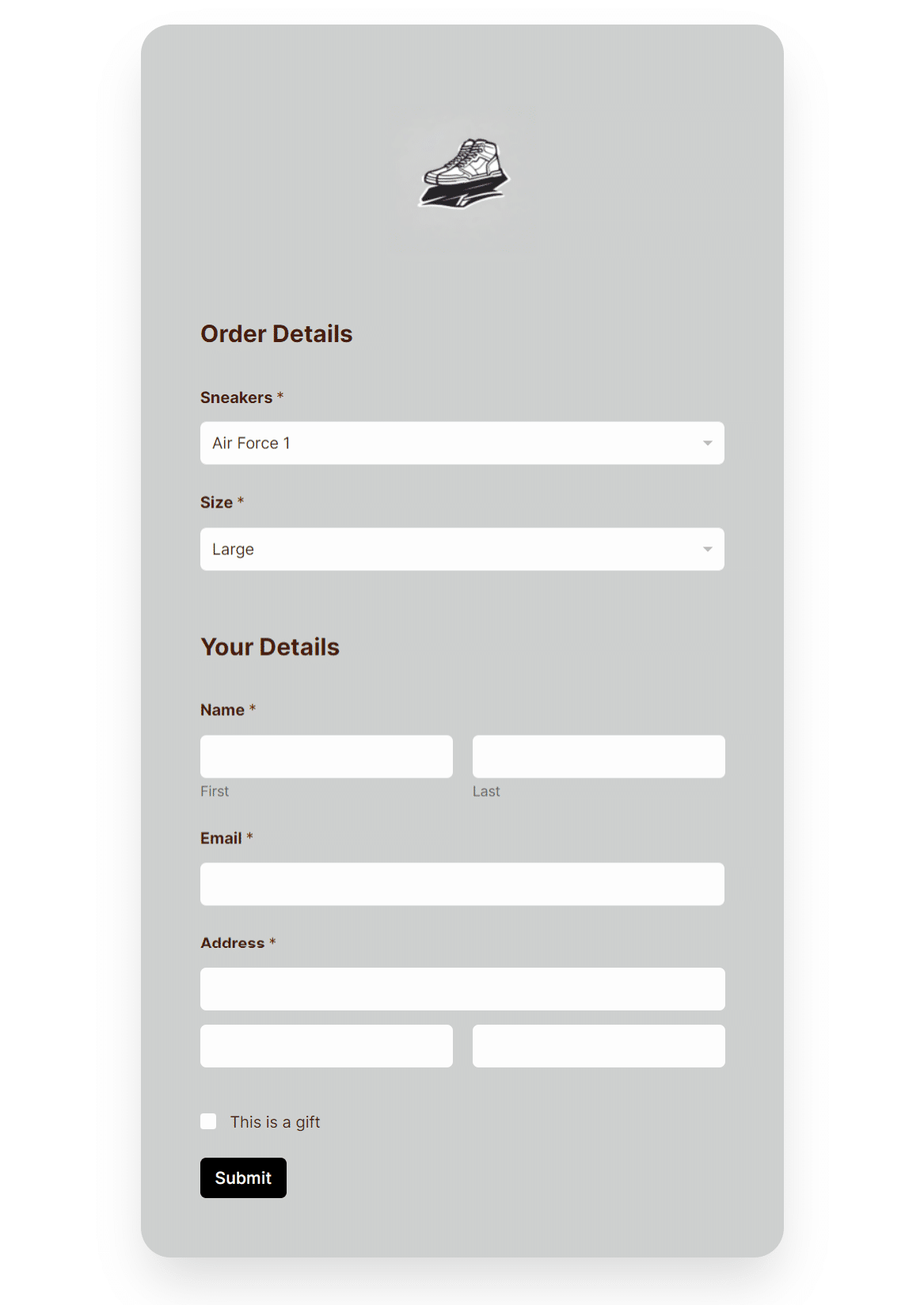 Shoes order form with ai generated logo