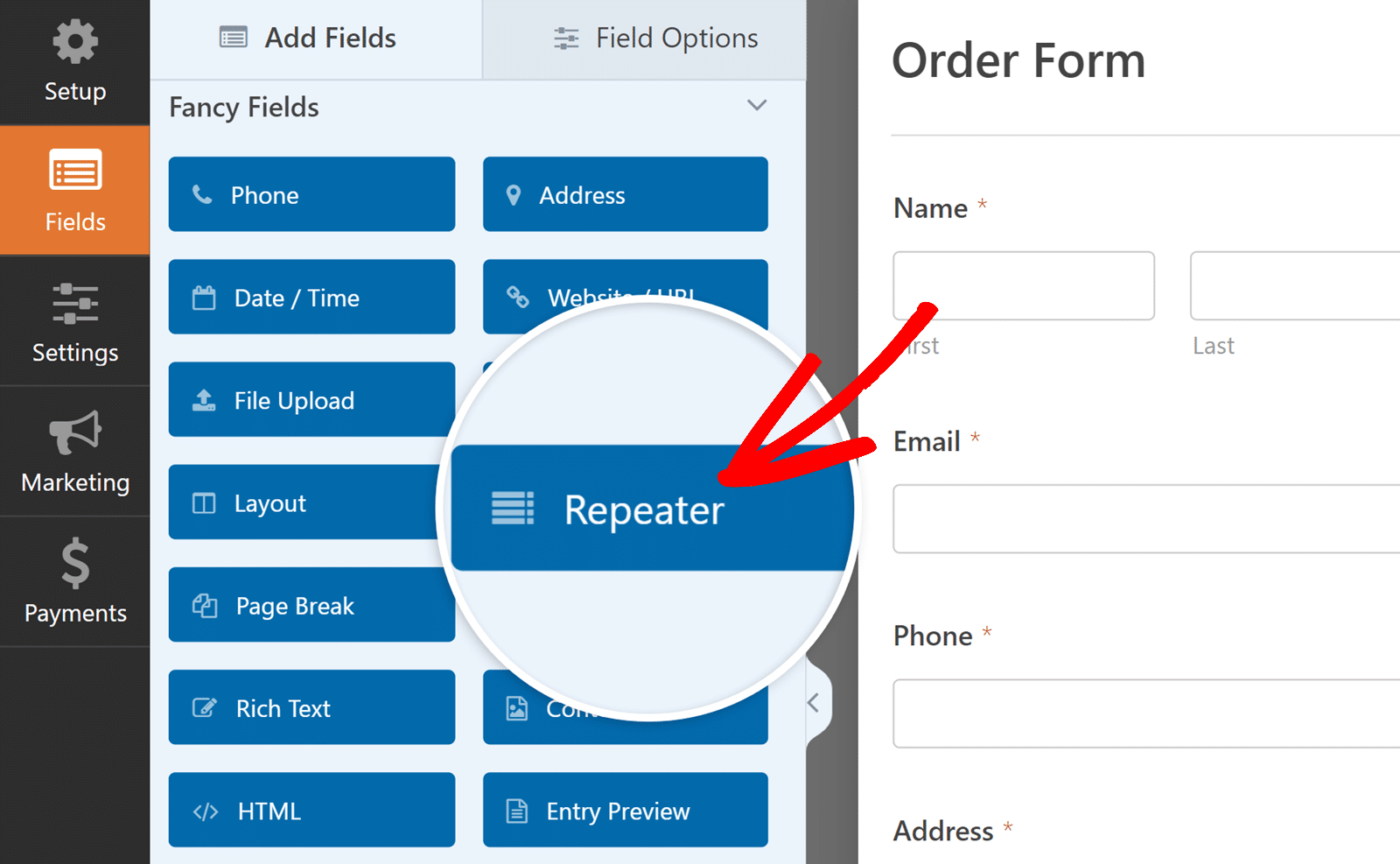 Click Repeater field to insert in form