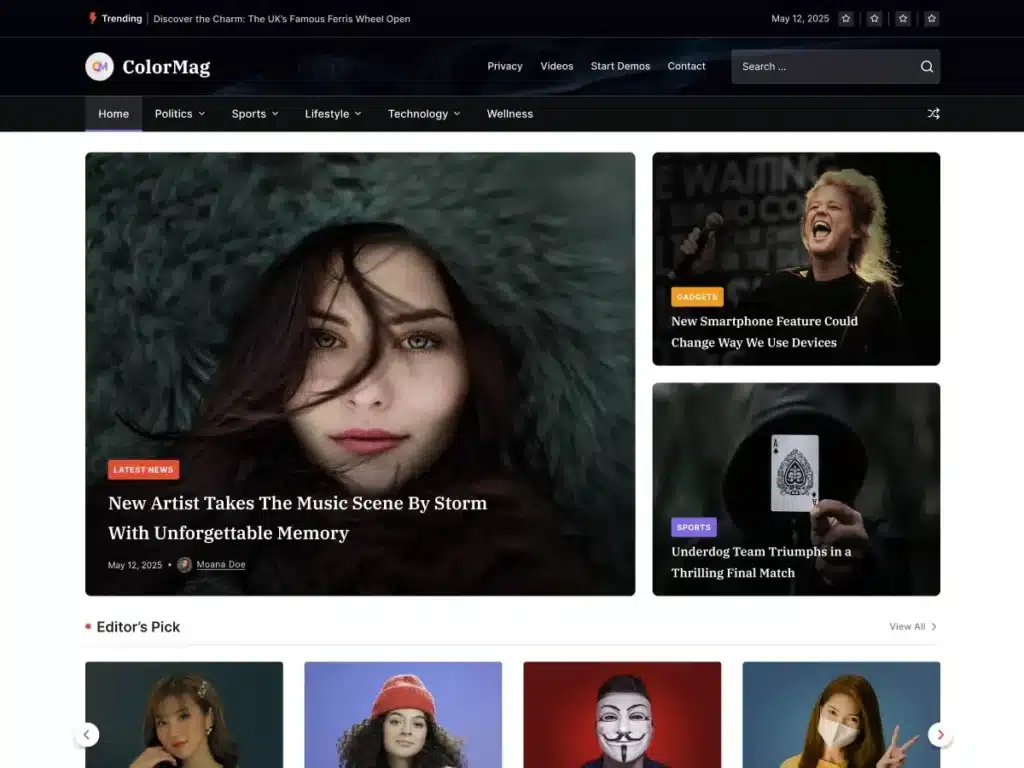 ColorMag homepage hero: large portrait of a woman with the headline 'New Artist Takes The Music Scene By Storm With Unforgettable Memory' and side stories on gadgets and sports.] ,