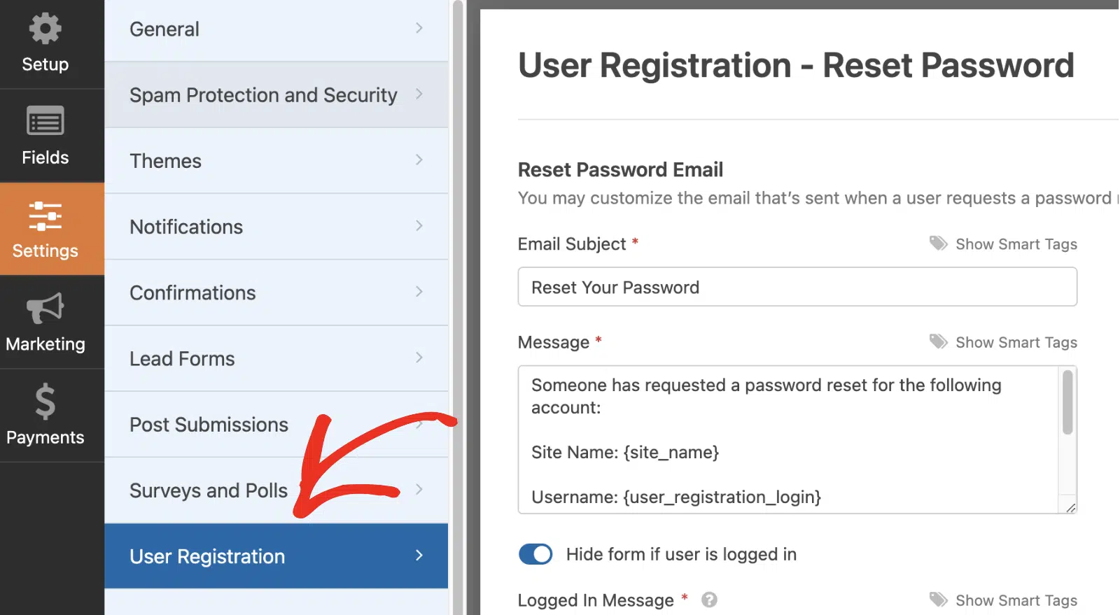 Password Reset Fom Settings