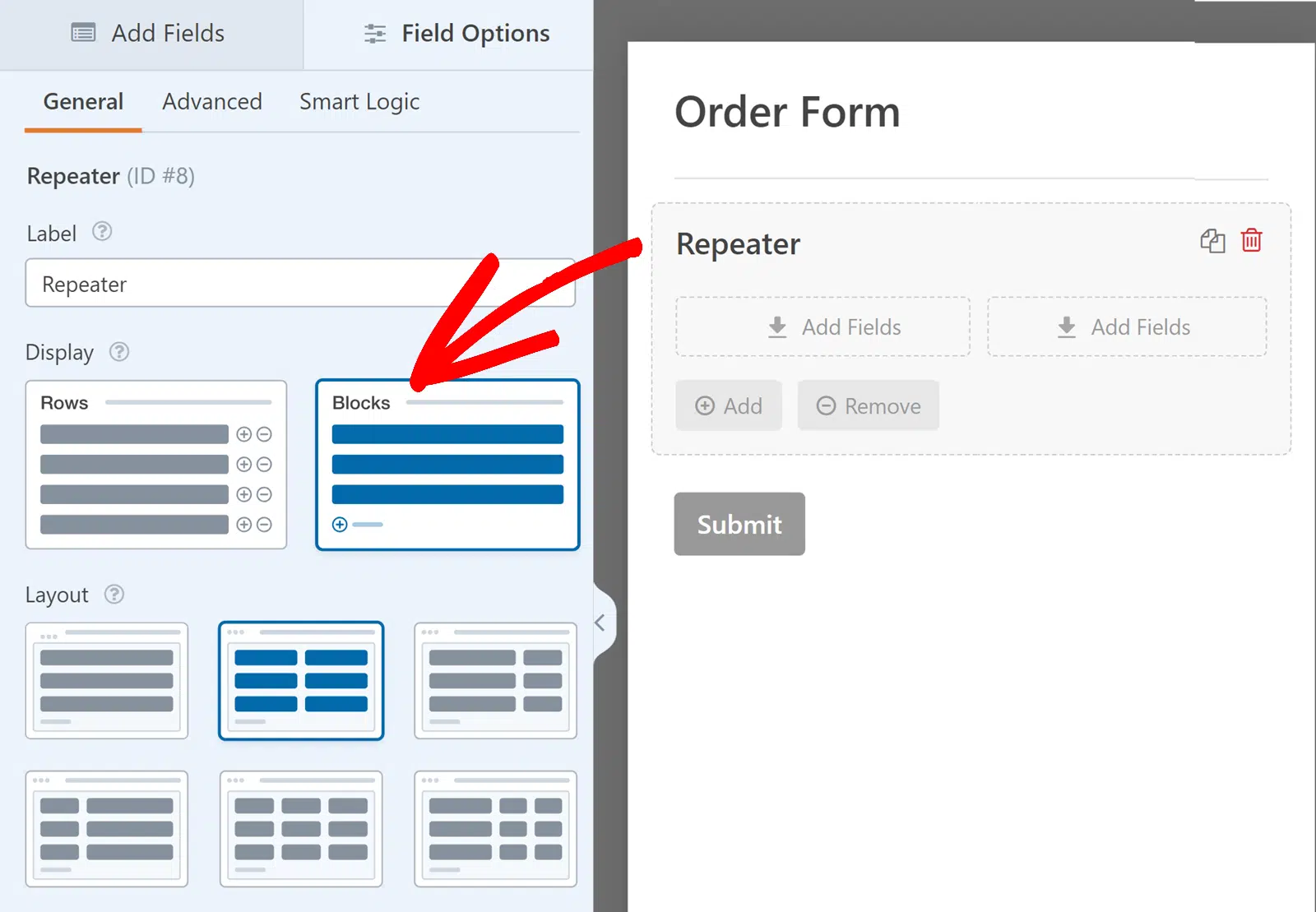 repeater-field-blocks-option - WPForms Blocks display of the Repeater field