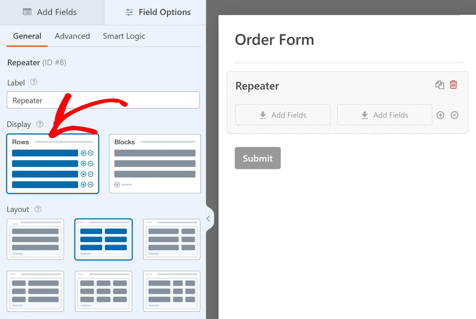 repeater-field-rows-option-2 - WPForms Rows display of the Repeater field