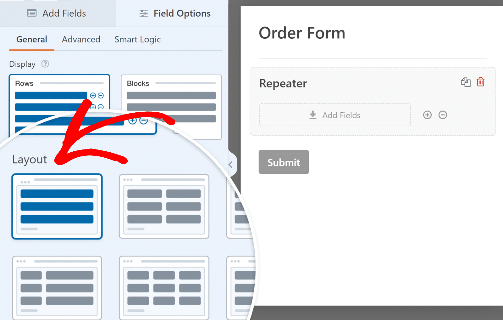 Select columns layout for the repeater field