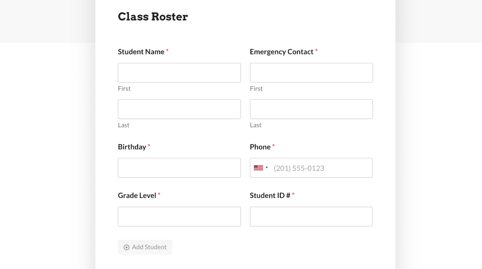 The class roster section of the form template