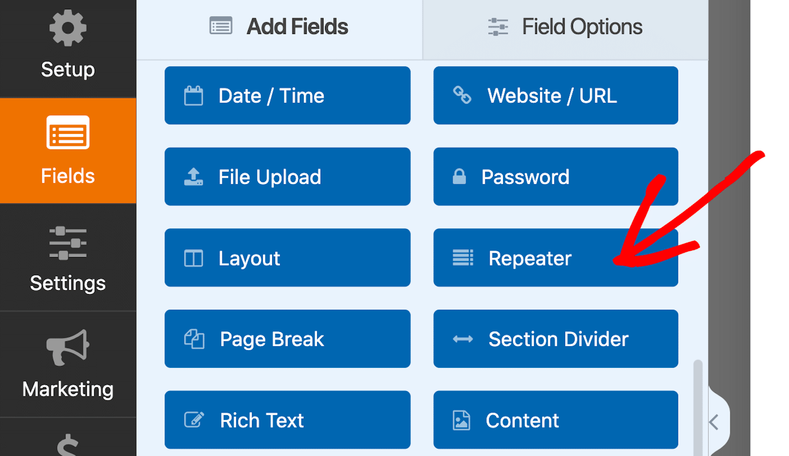 Adding the Repeater field to a form 