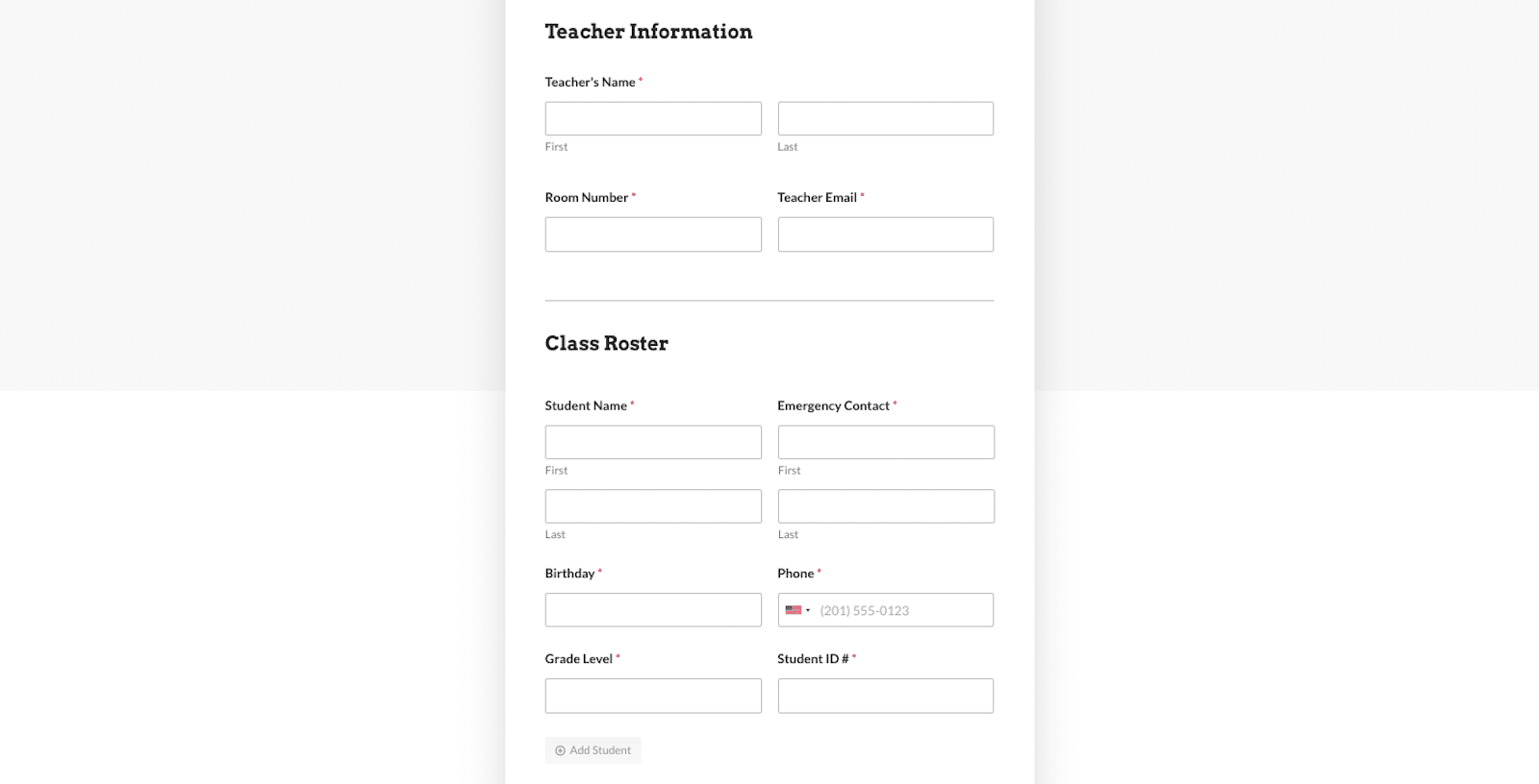 Full view of the class roster form template