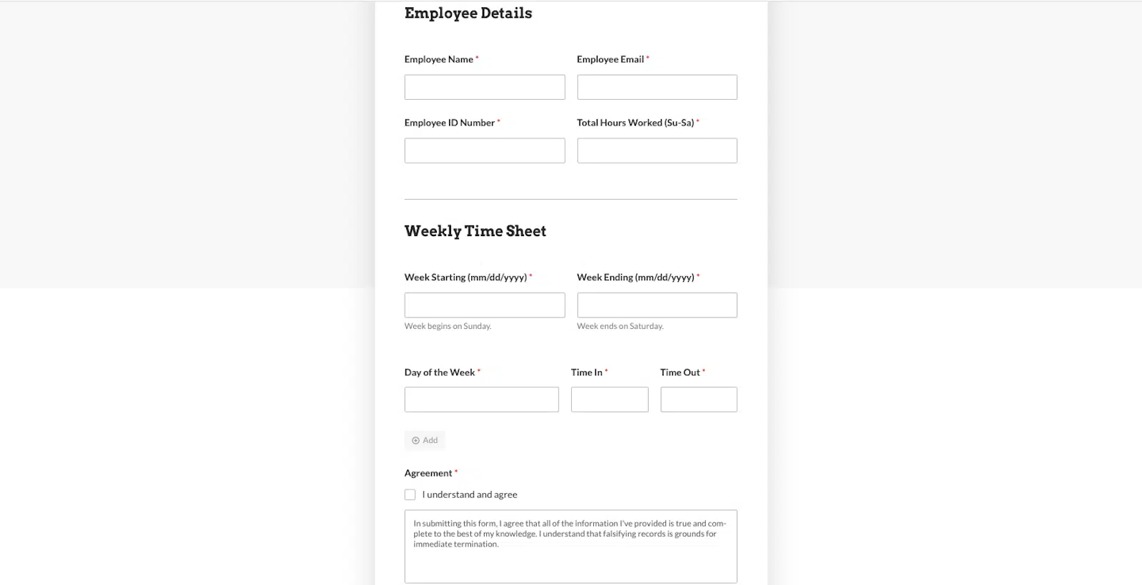 Full view of the employee timesheet form template