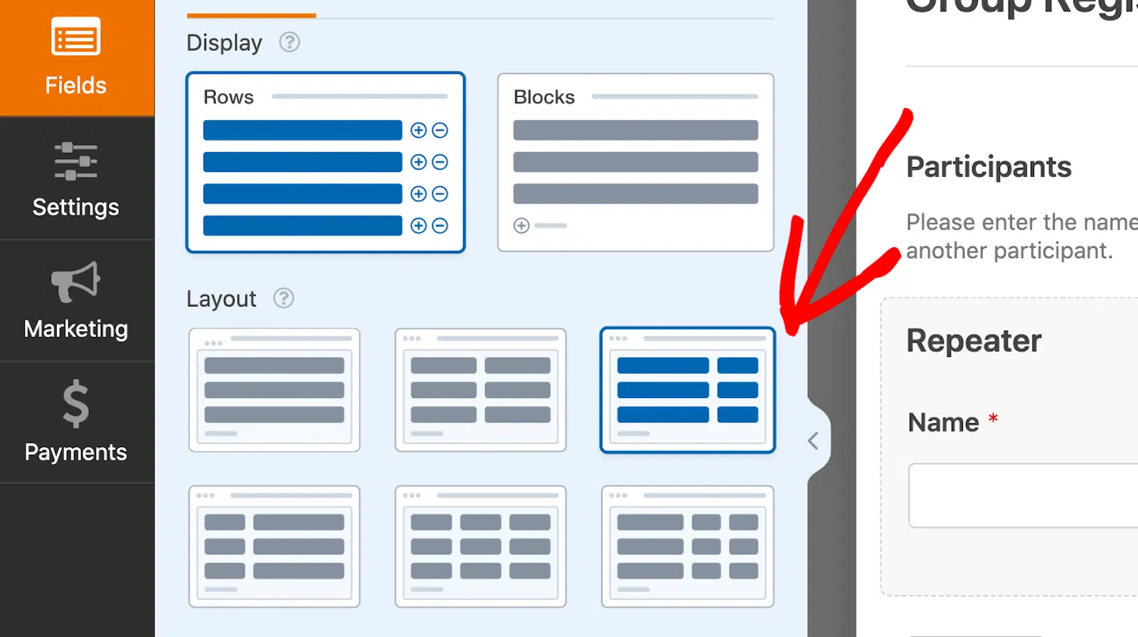 Selecting the Repeater field 2 column layout