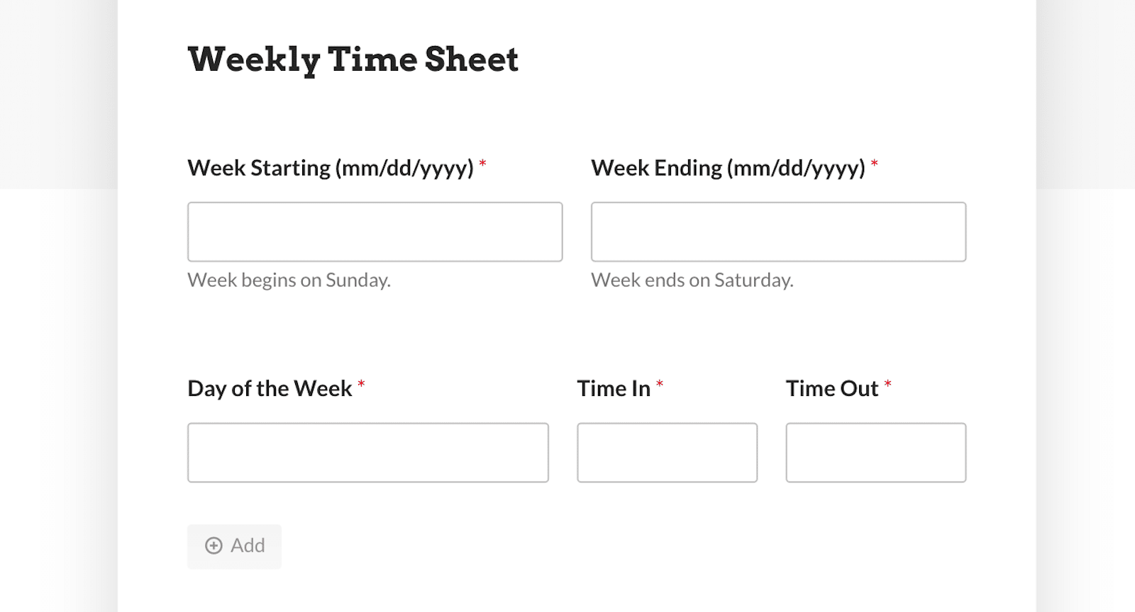 The weekly timesheet section of the form template