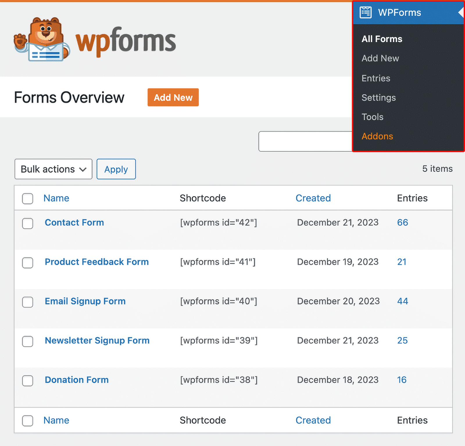 form overview page
