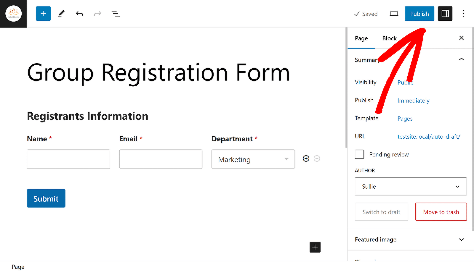 publish group registration form