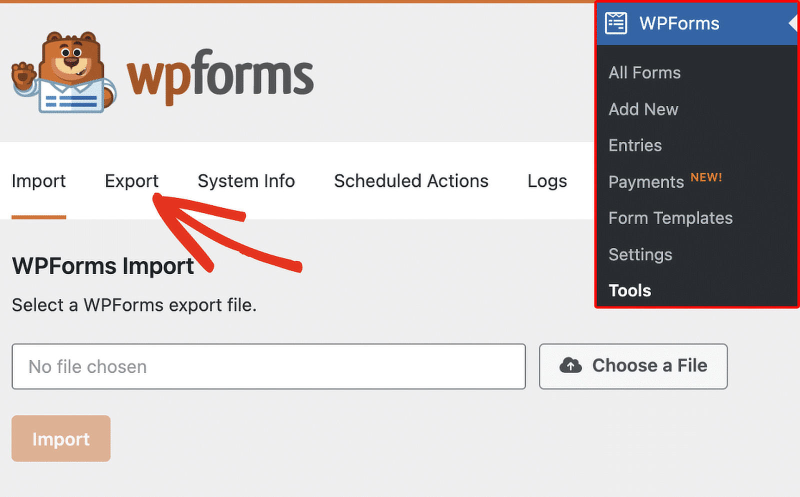 wpforms export tab