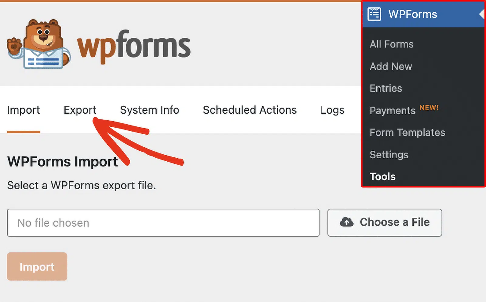 wpforms export tab
