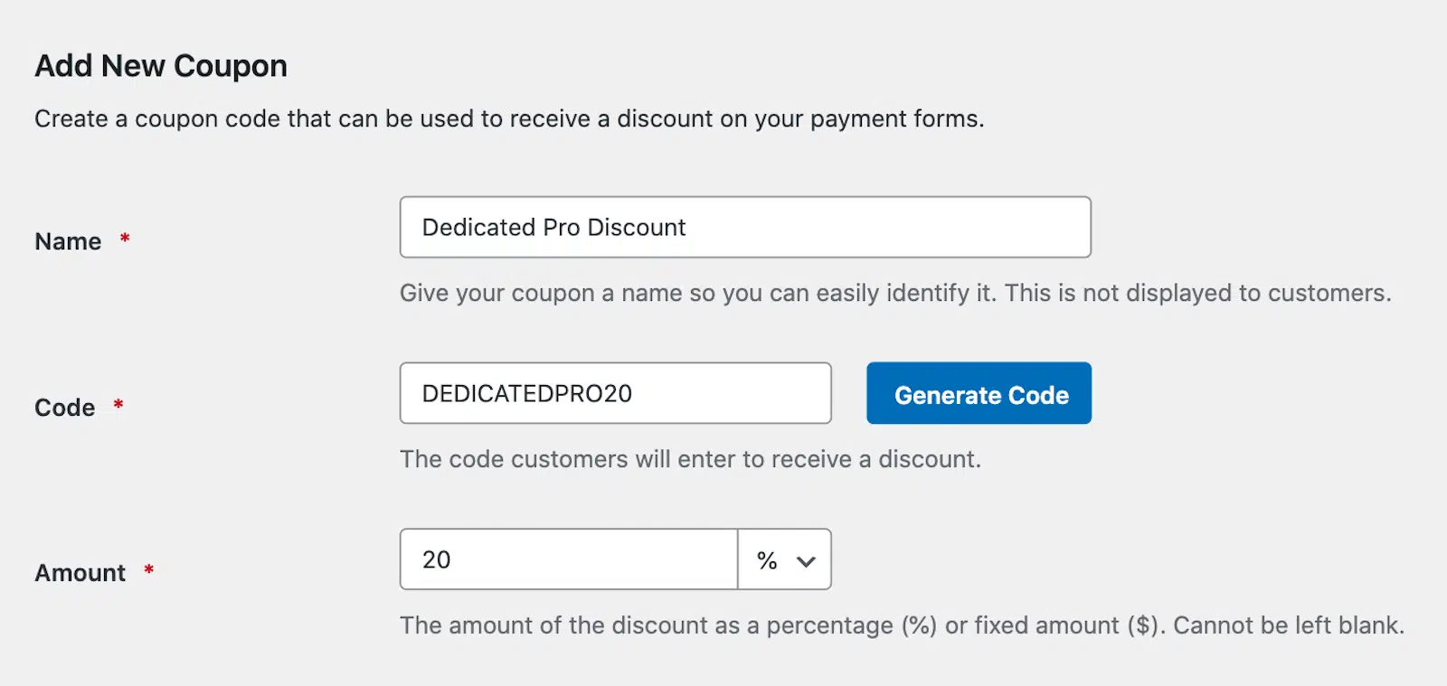 Creating the coupon code and discount amount