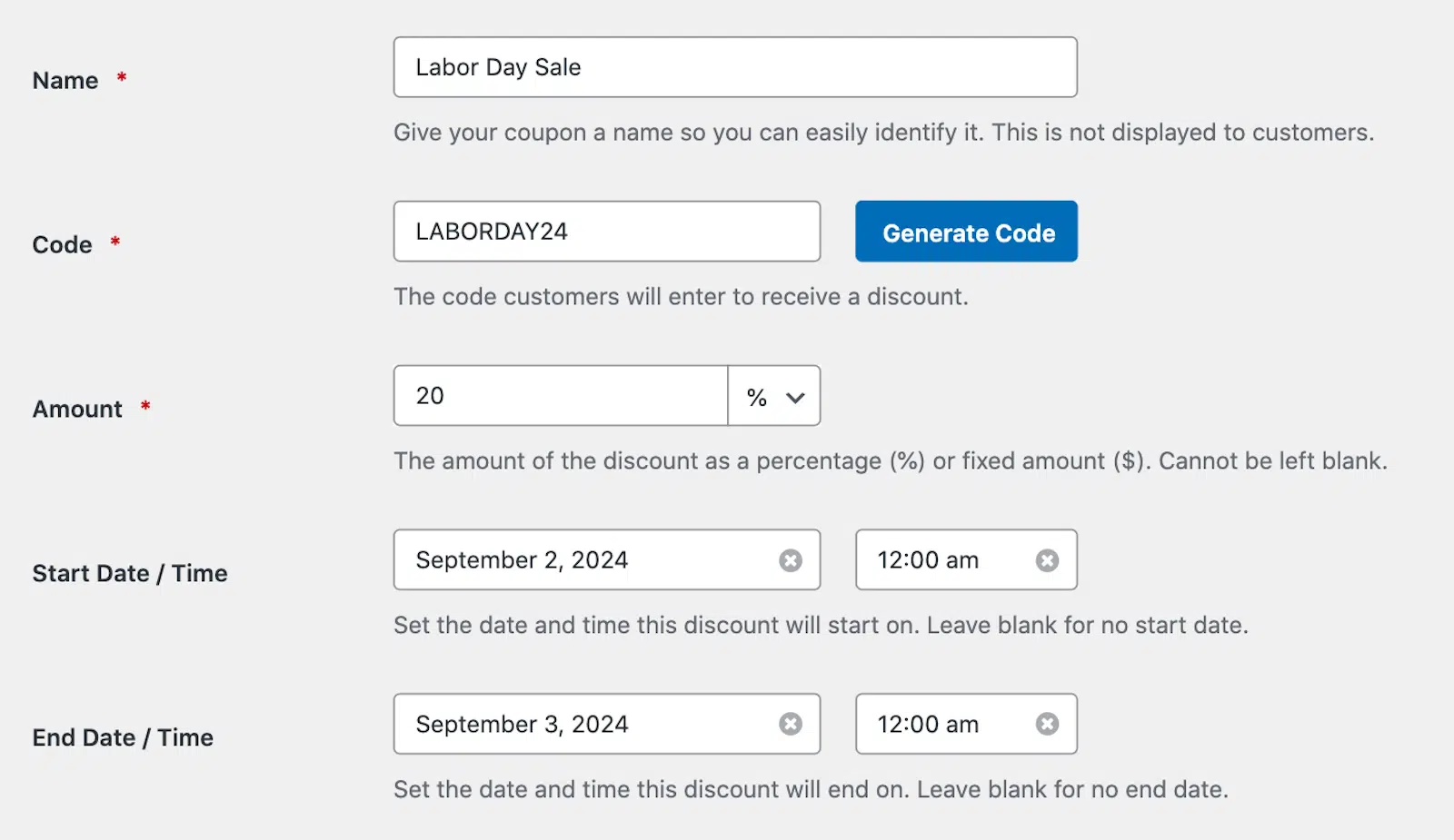 Setting the start and end date for a coupon