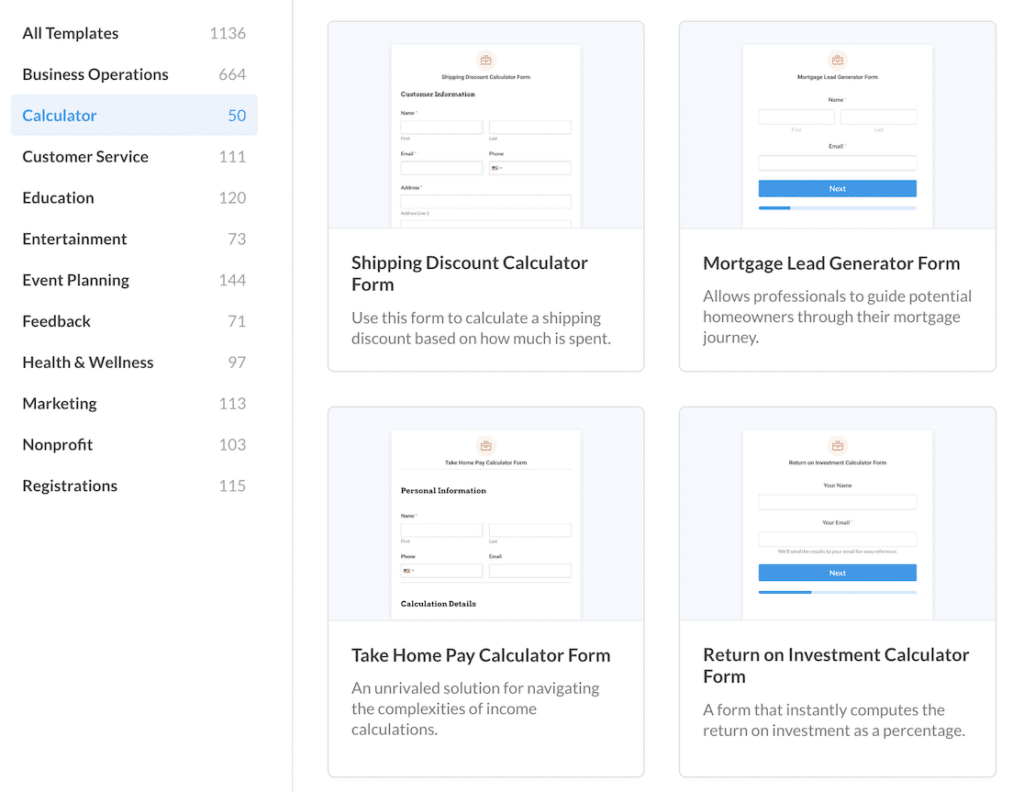 Calculator form templates on a webpage
