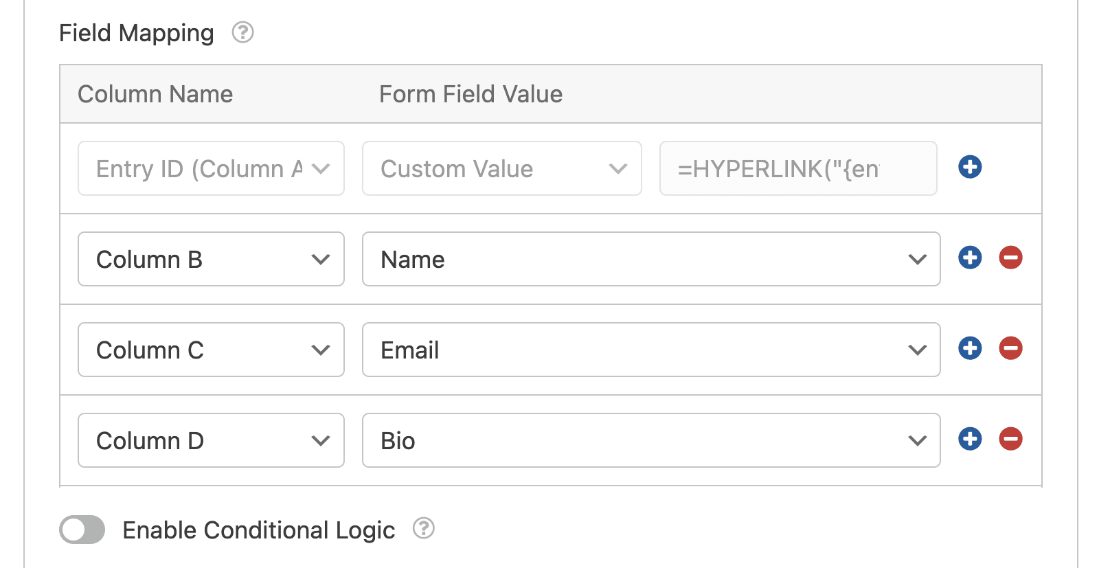 Field mapping for Google Sheets addon