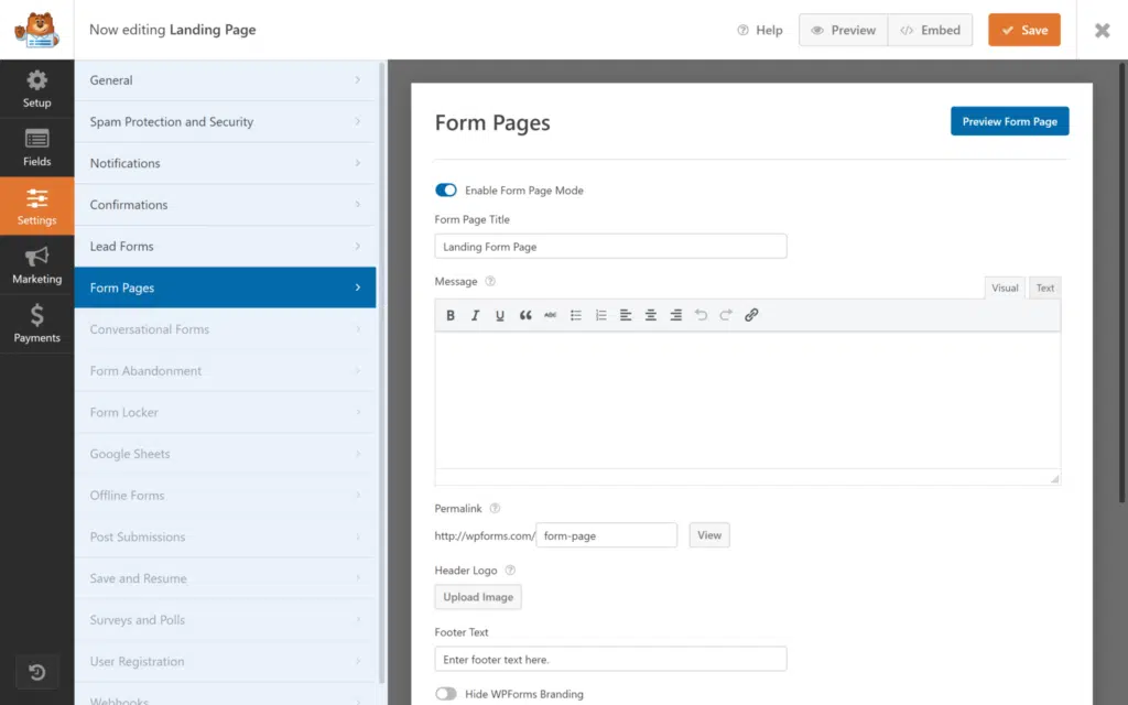 Form pages settings in a form builder interface