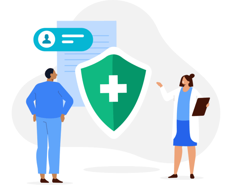 Health and wellness illustration with medical professionals and shield
