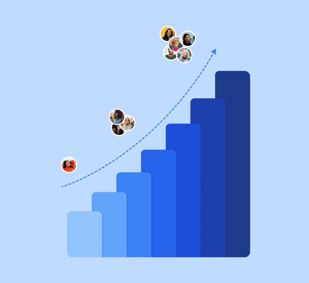 Illustration of audience growth with bar chart and photos
