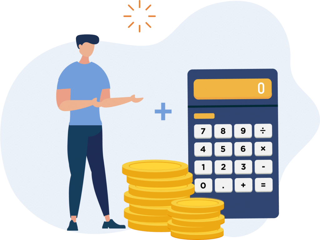 Illustration of person with calculator and coins