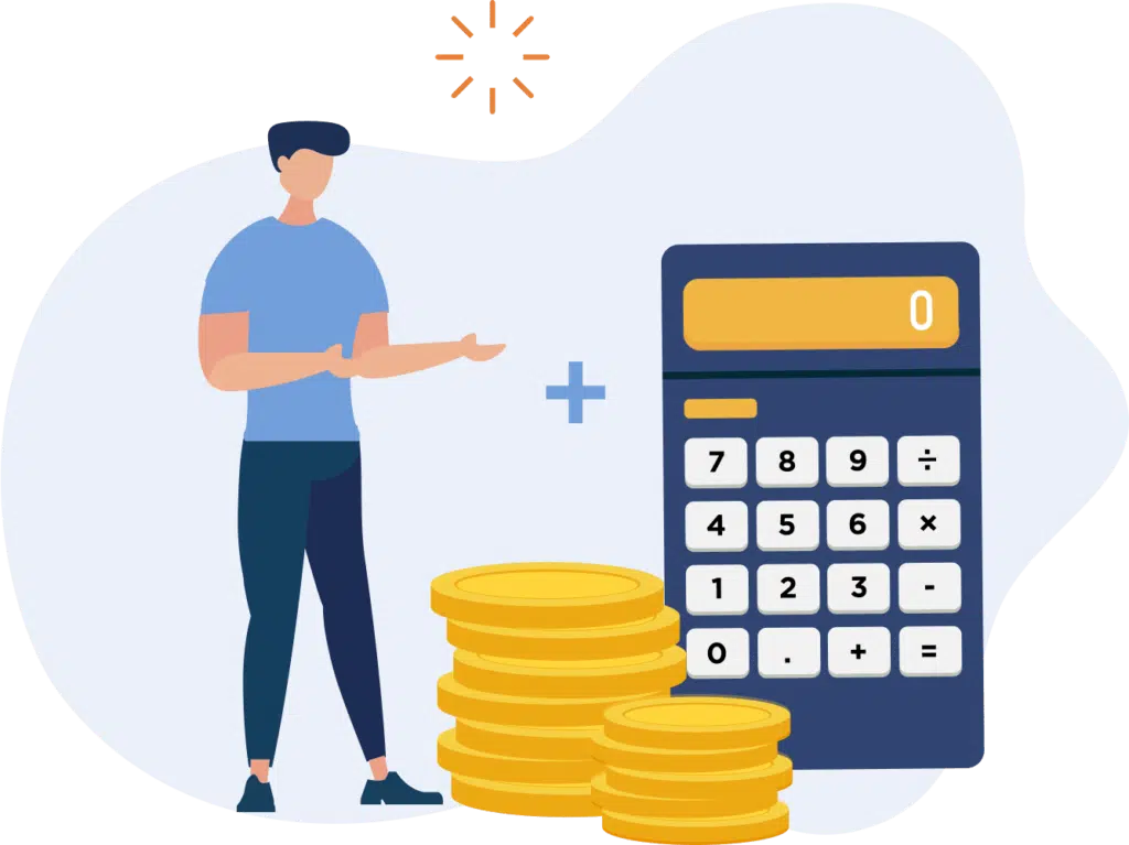 Illustration of Person with Calculator and Coins - WPForms Illustration of person with calculator and coins