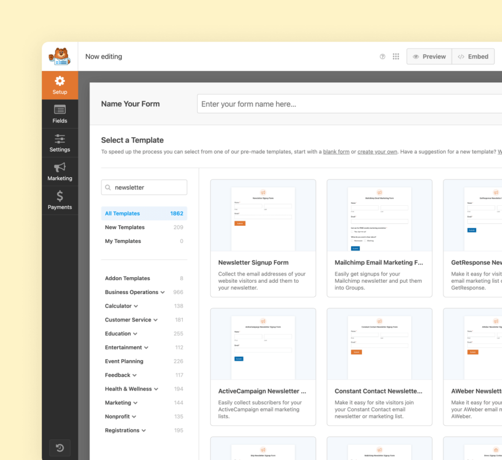 Newsletter form template selection screen in email marketing software
