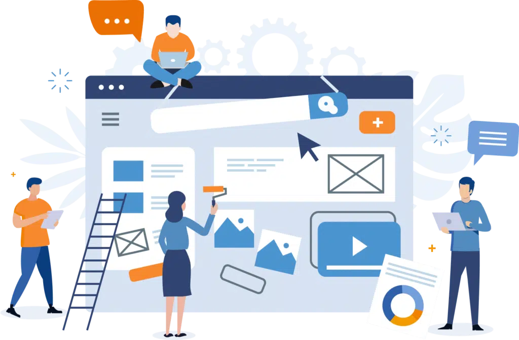 Illustration of people customizing a webpage with tools