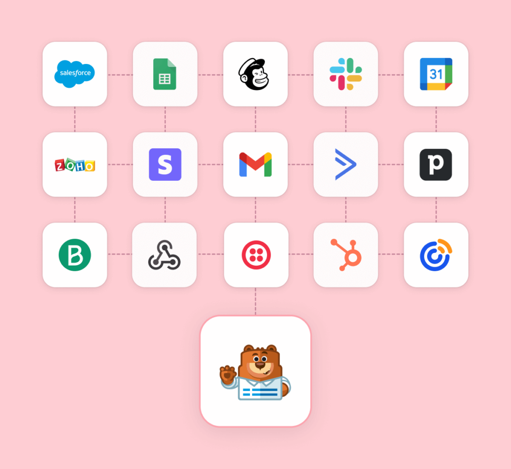 Illustration of various premium app icons connected to WPForms