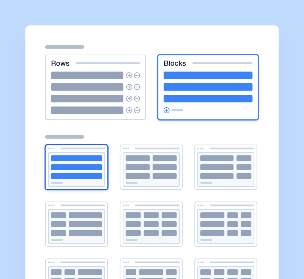 Illustration of repeater field options with rows and blocks
