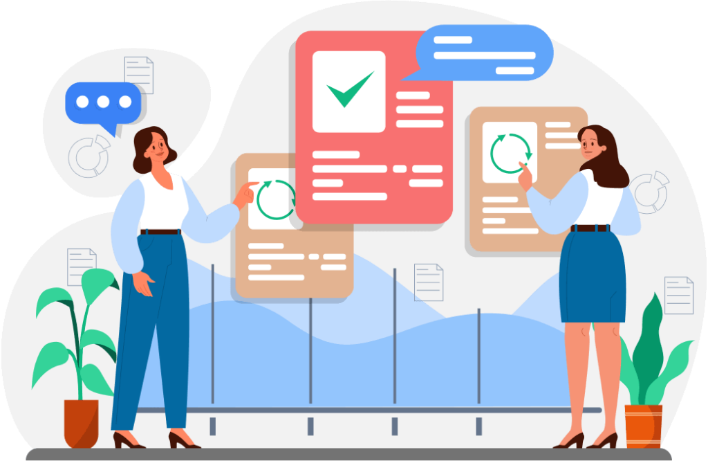 Women analyzing business data and charts on interactive boards
