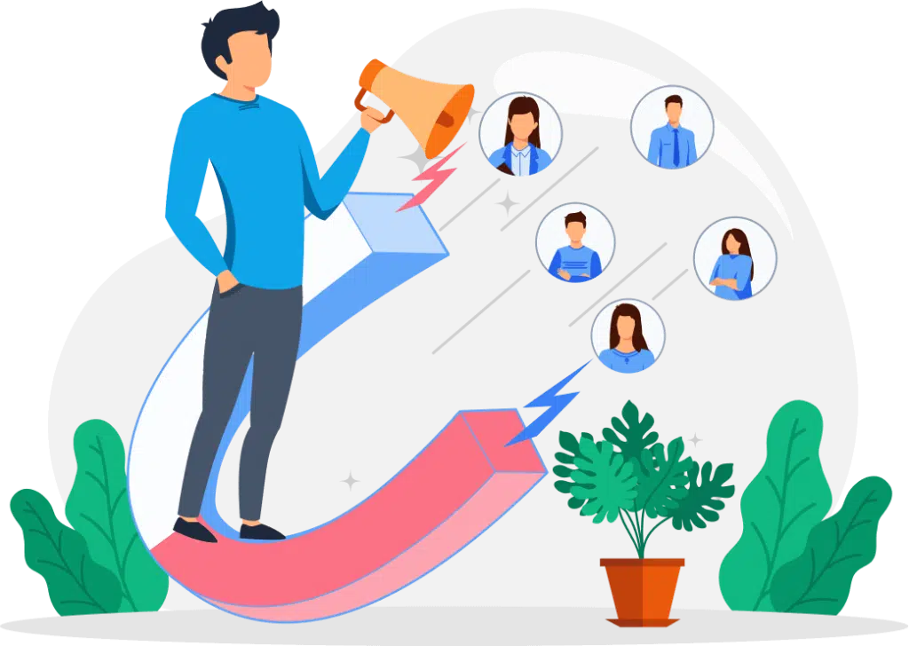 Marketeur atteignant des clients potentiels par le biais d'un mégaphone et de canaux de communication numériques