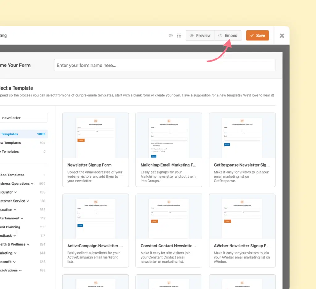 Interfaccia di selezione dei modelli di modulo per una pubblicazione senza problemi