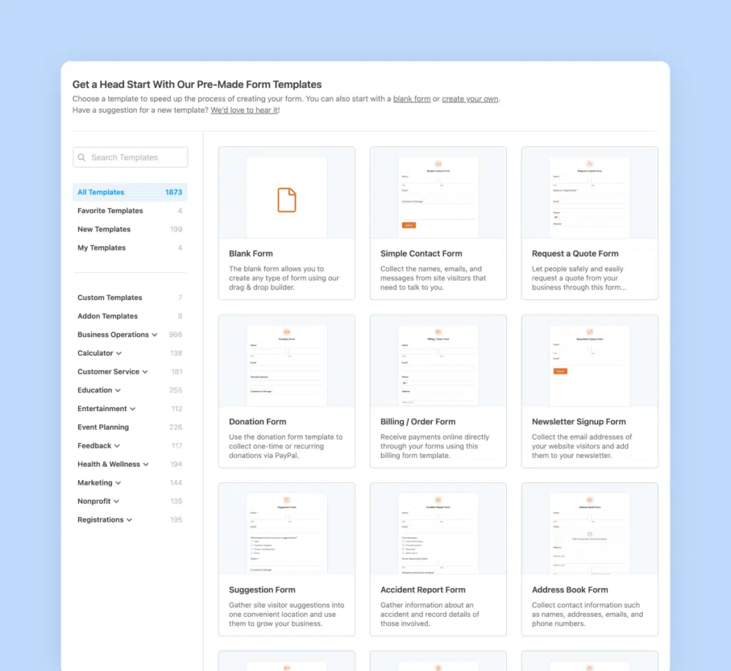 Pagina di selezione dei modelli di modulo con varie opzioni di modulo visualizzate