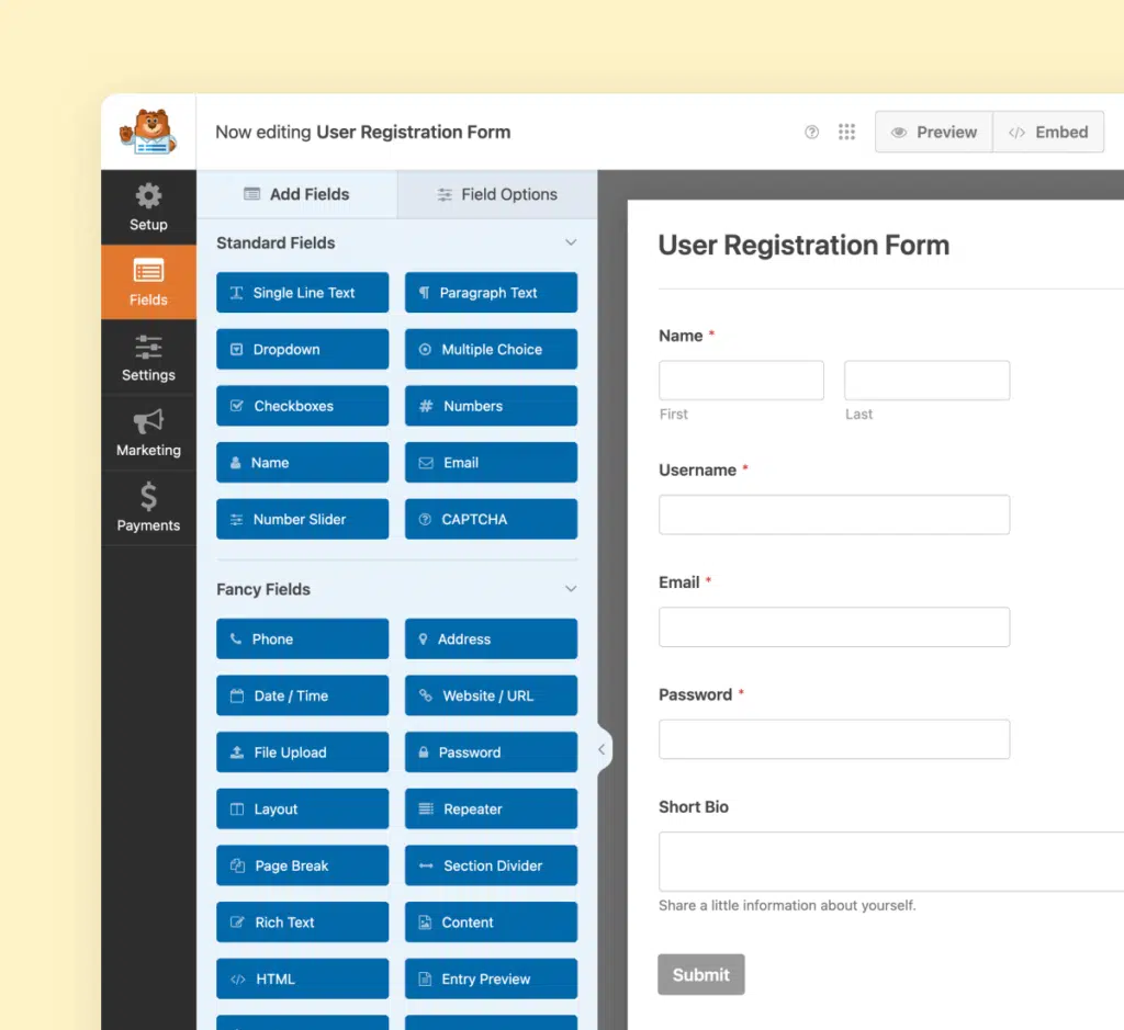 User Registration Form Creation Interface with Various Field Options - WPForms User registration form creation interface with various field options