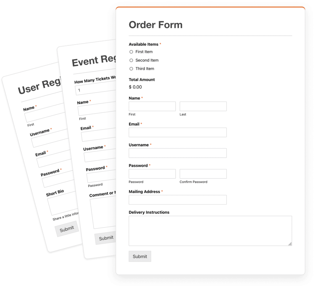 User registration and order form templates