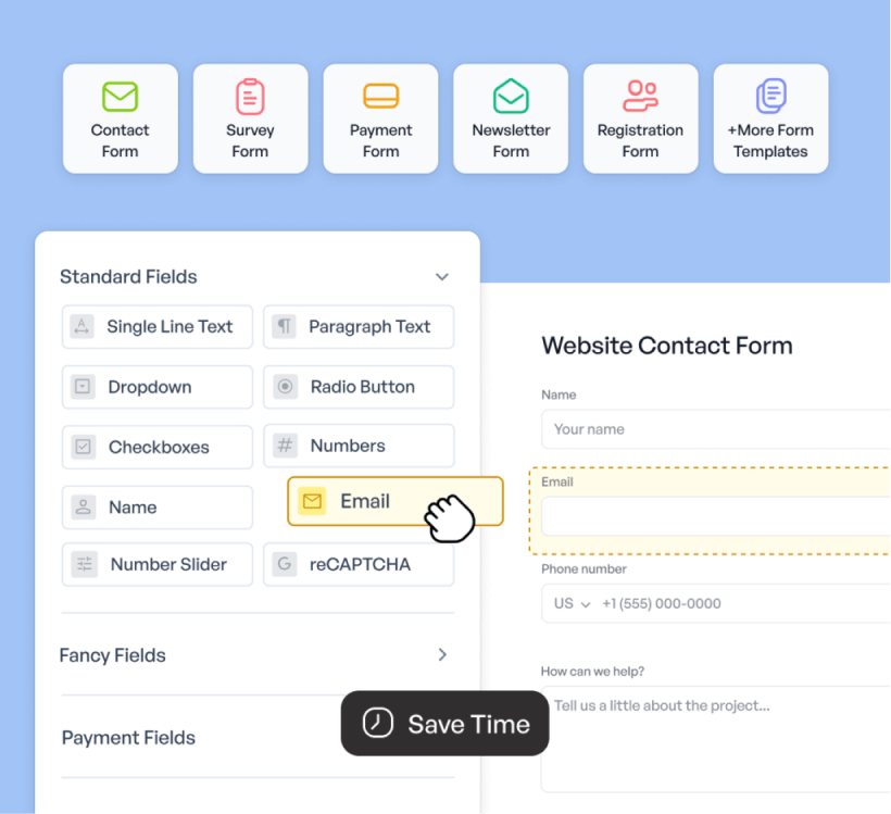 WPForms custom form builder interface with various field options