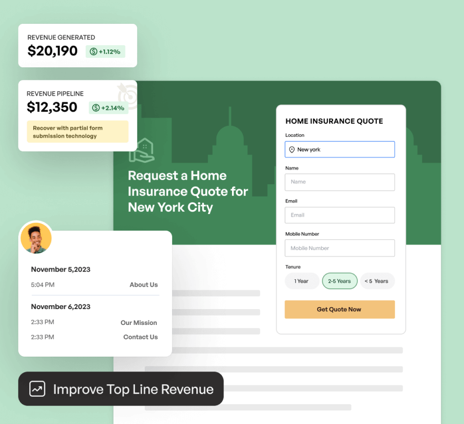 Home insurance quote request form with revenue statistics
