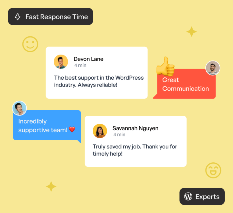 Customer support testimonials with positive feedback and emojis