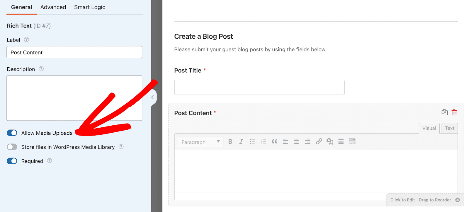 Toggle the switch to allow media uploads with post content submissions. 