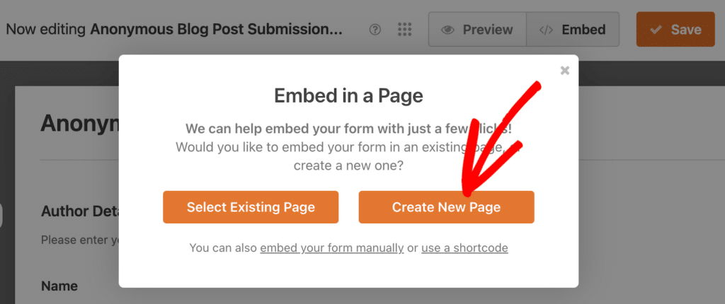 Embed a form on a new page in WPForms