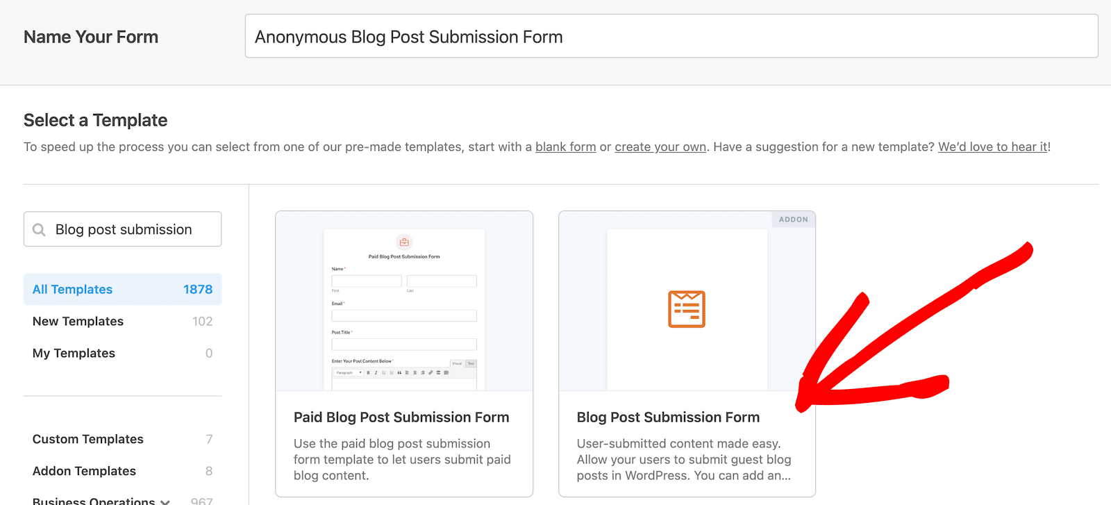 Selecting the Blog Post Submission Form template in the WPForms form builder. 