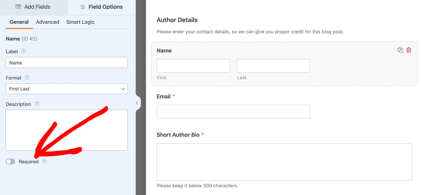Remove the requirements from the name field to ensure anonymity.