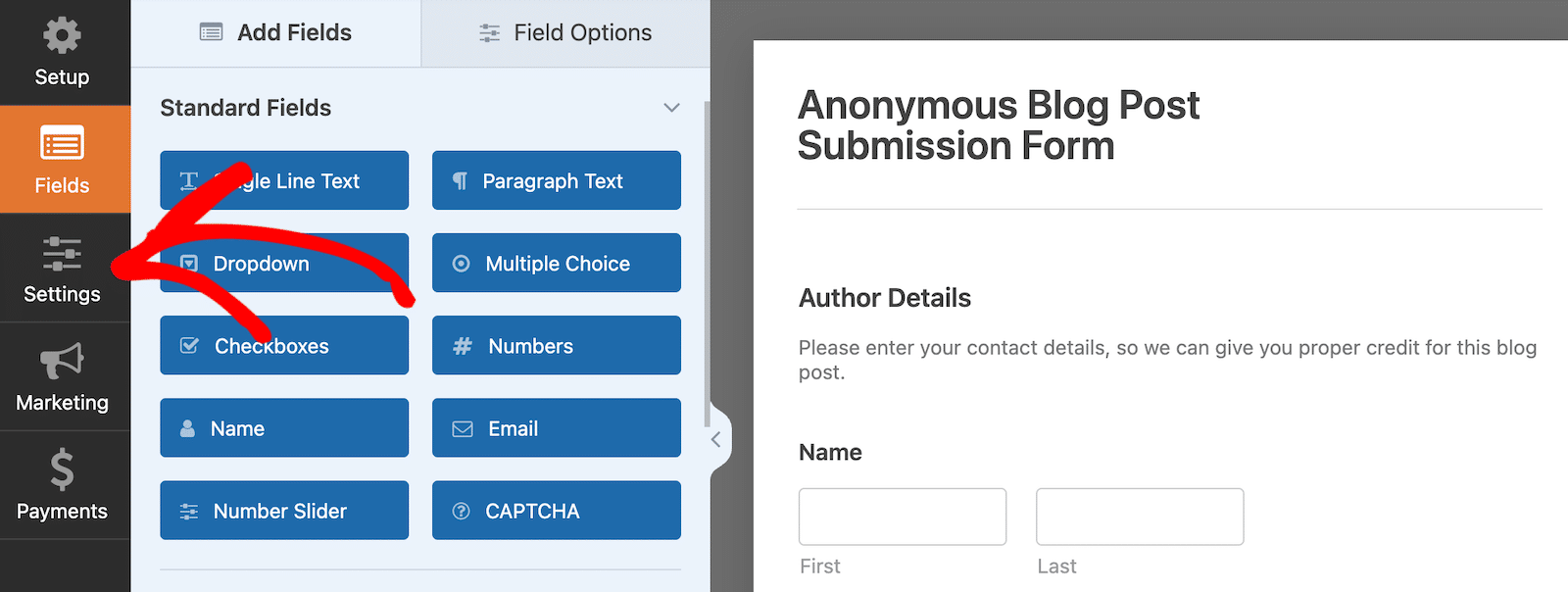 Choose settings from your form options