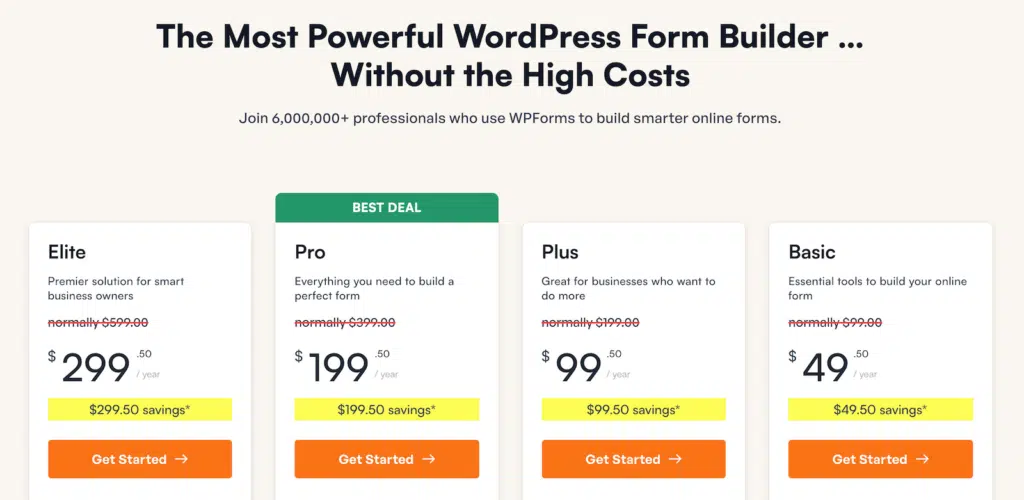 The WPForms pricing page.
